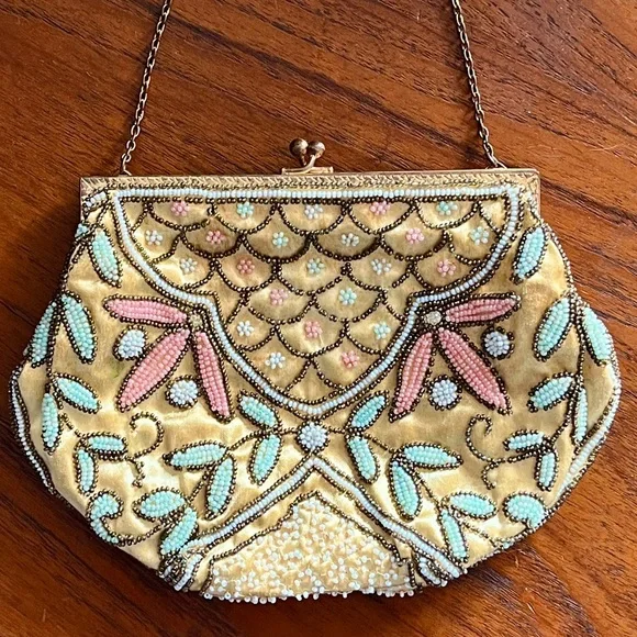 Vintage Beaded Purse Satin Evening Handbag 1940s 1950s Wedding Purse France - Picture 1 of 12